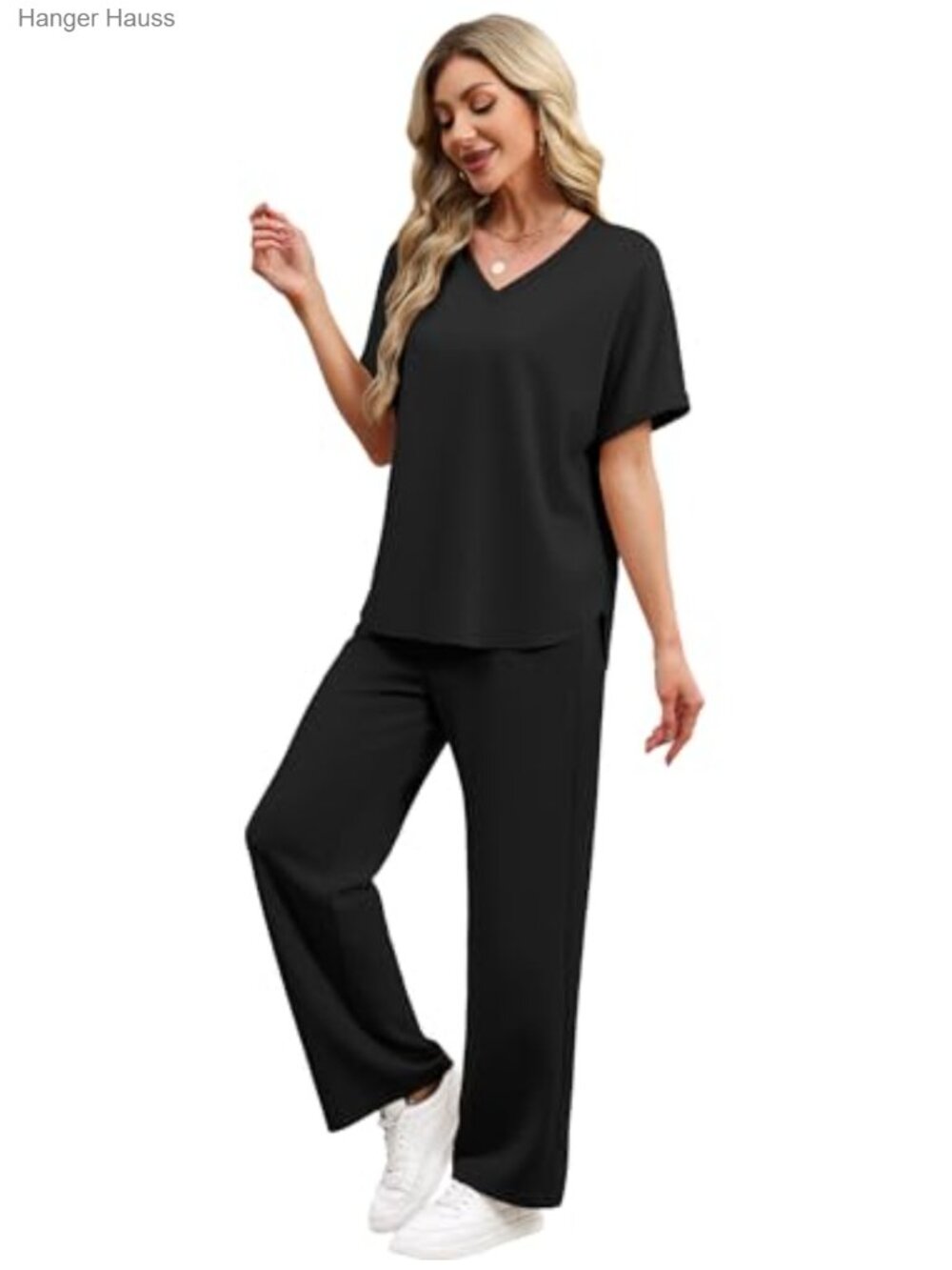 Women's V Neck Short Sleeve Wide Leg Pant 2 Piece Lounge Set - Picture 2 of 6